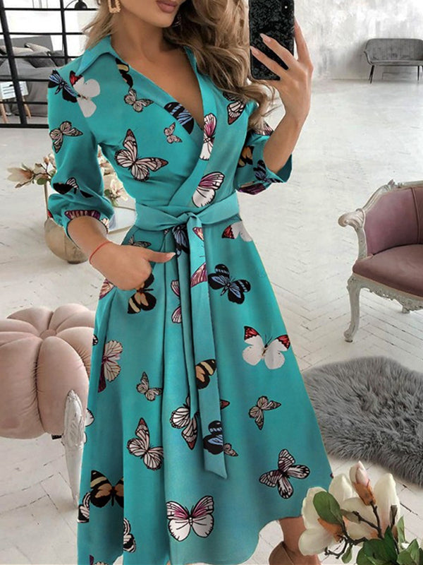 Fashion Long Sleeve V-neck Printed Packed Maxi Dresses