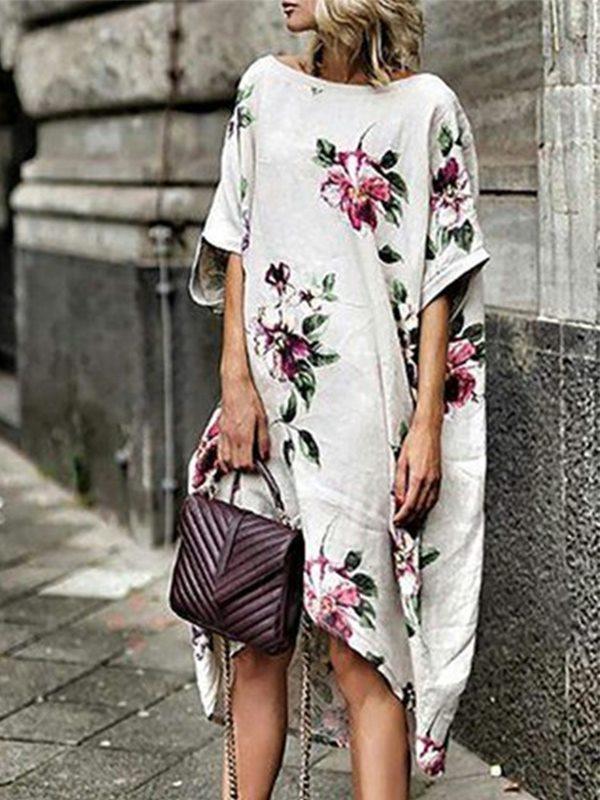 Round Collar Loose Casual Printed Shift Dresses