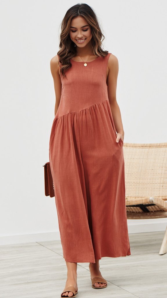 Casual Round Collar Plain Loose Sleeveless Jumpsuit