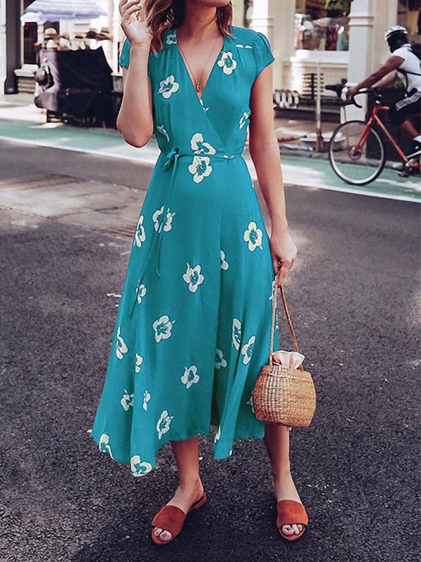 V-neck flower print floral short sleeve waist tie summer maxi dresses