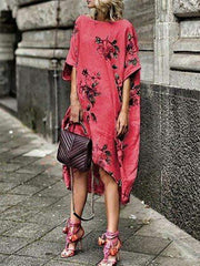 Round Collar Loose Casual Printed Shift Dresses