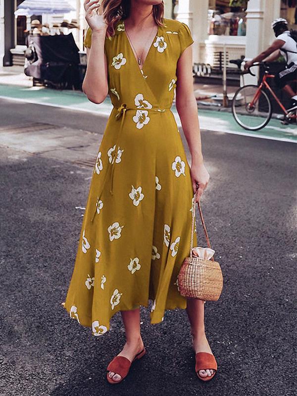 V-neck flower print floral short sleeve waist tie summer maxi dresses