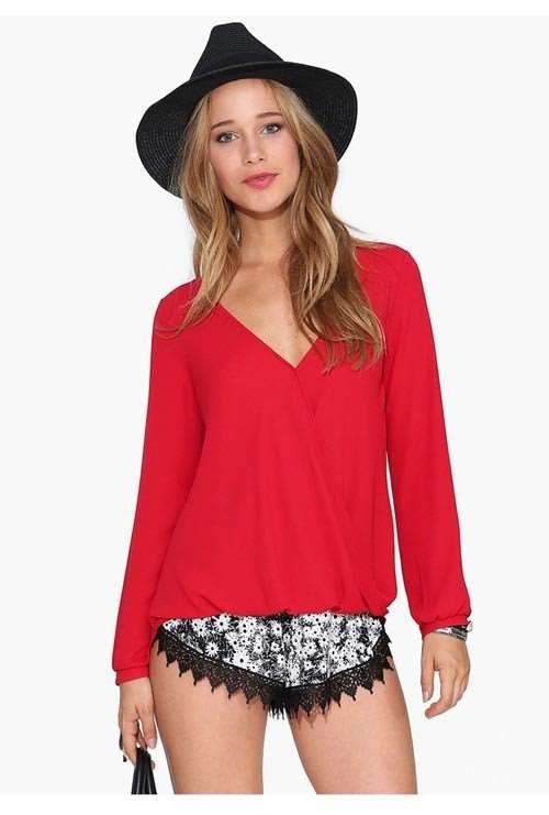 Sexy V neck Long sleeve Chiffon Blouses