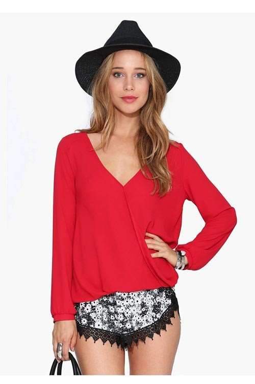 Sexy V neck Long sleeve Chiffon Blouses