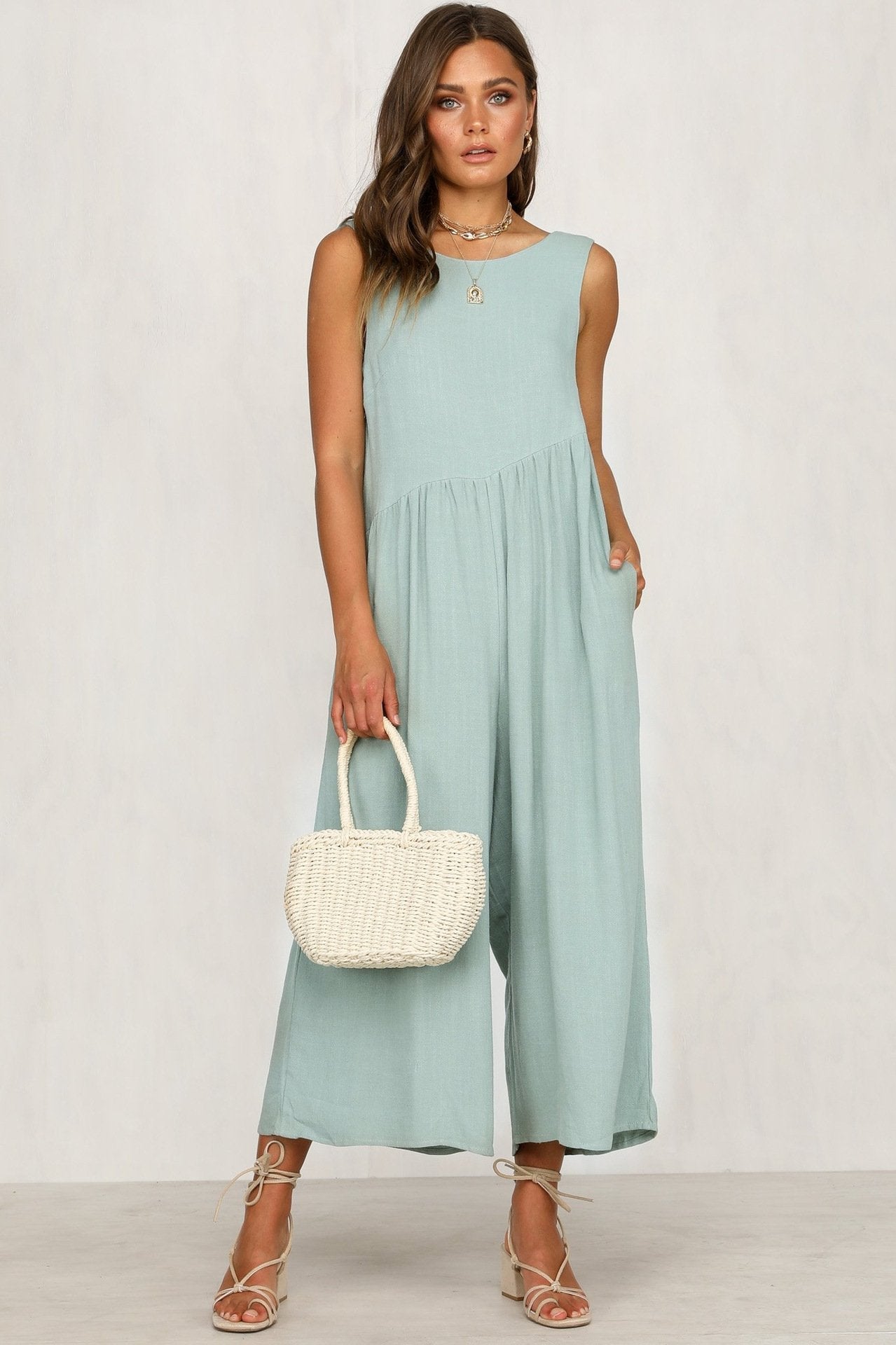 Casual Round Collar Plain Loose Sleeveless Jumpsuit