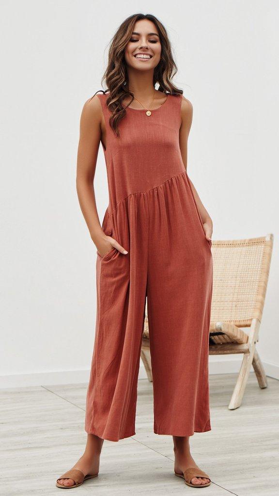 Casual Round Collar Plain Loose Sleeveless Jumpsuit