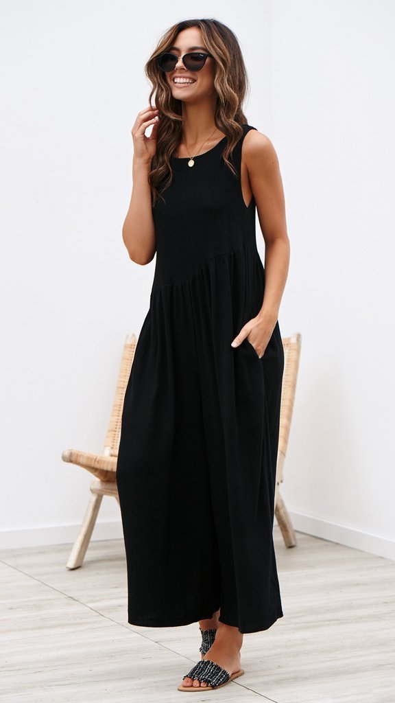 Casual Round Collar Plain Loose Sleeveless Jumpsuit