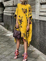 Round Collar Loose Casual Printed Shift Dresses