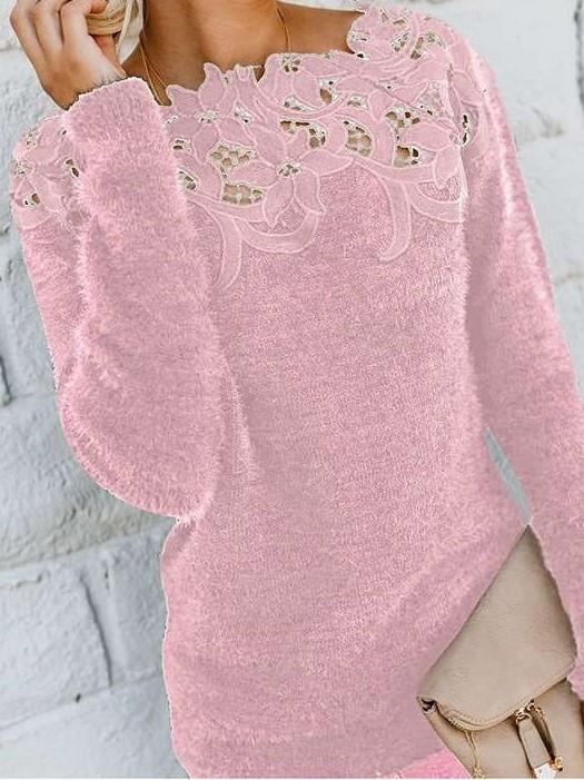 Asymmetric Neck Decorative Lace Plain Woman Sweaters