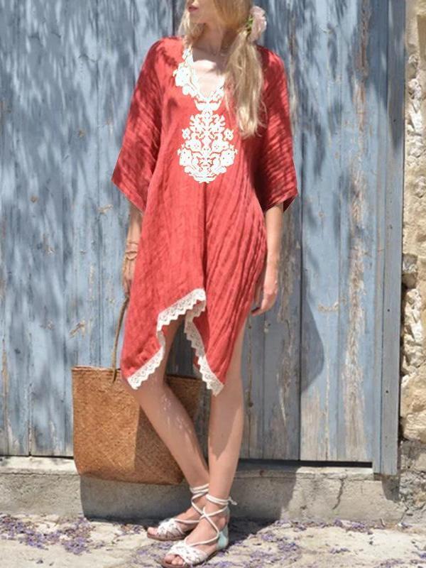 V-Neck Lace Stitching Bat Sleeve Casual Dresses