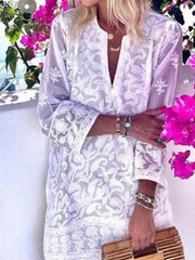 White Shift V Neck Floral Holiday Dresses