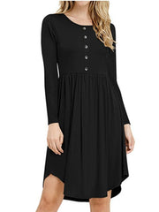 Fashion Pure Round neck Long sleeve Shift Dresses