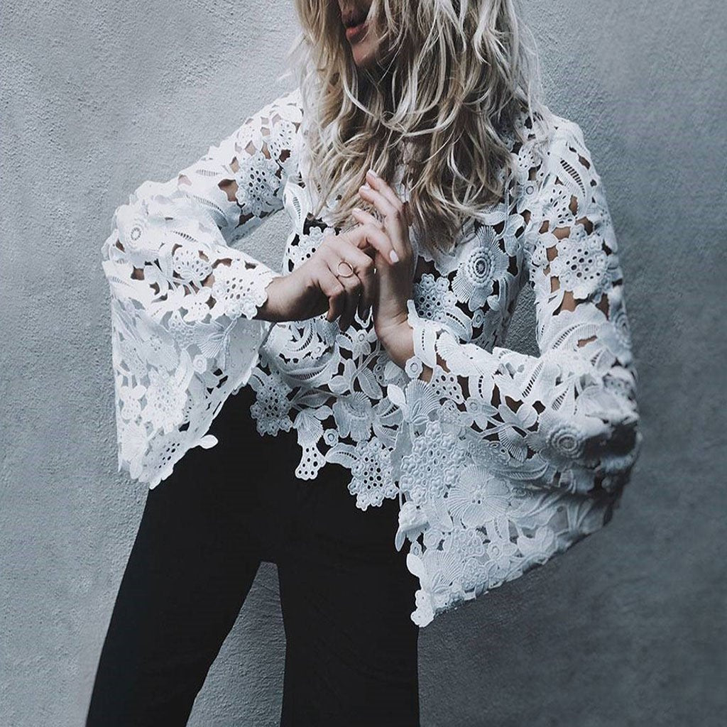 Crew Neck Cutout Crochet Plain Bell Sleeve Blouses