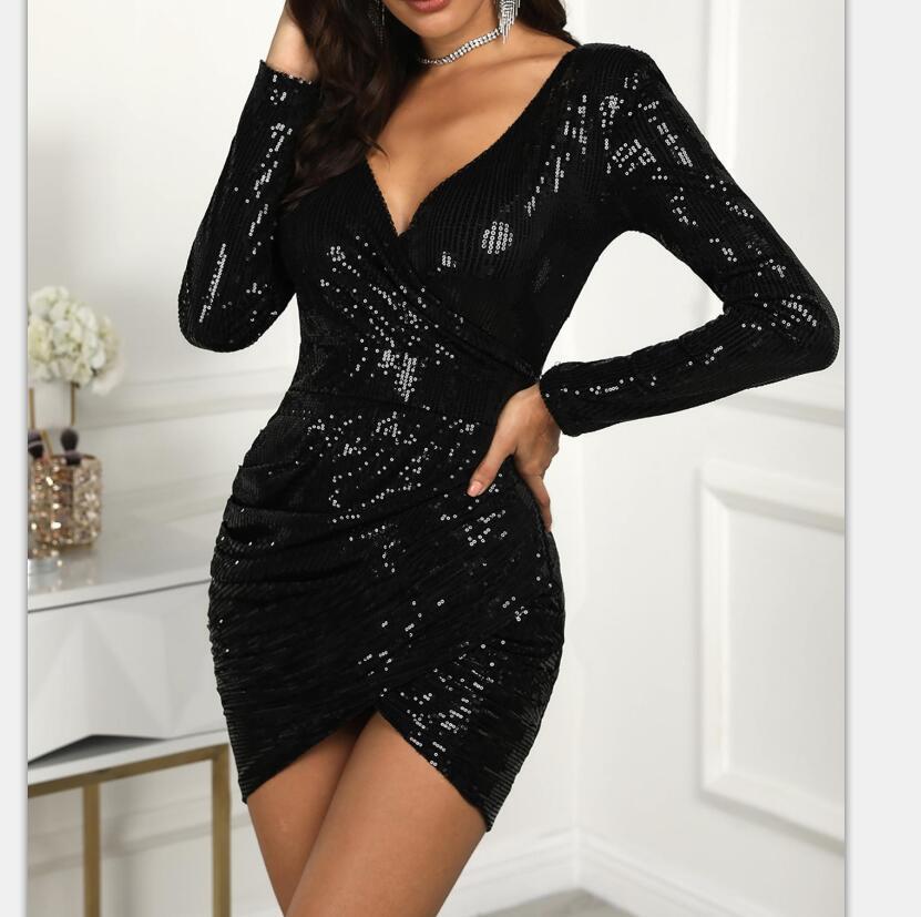 Fashion Paillette Long sleeve  V neck Evening Dresses