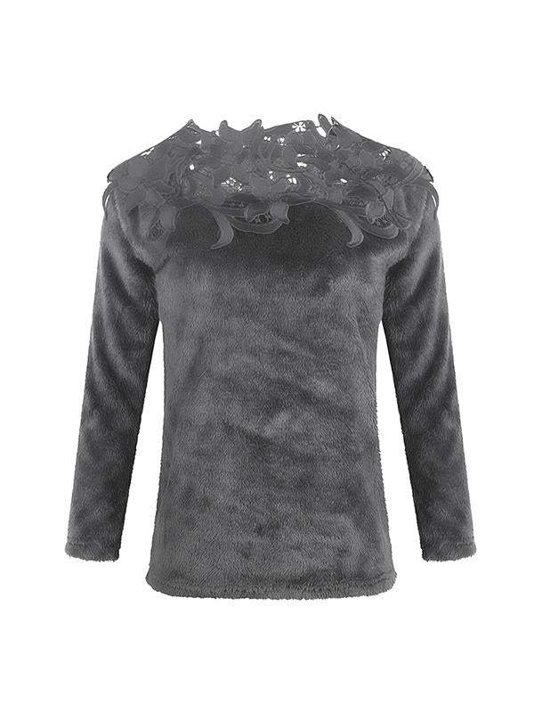 Asymmetric Neck Decorative Lace Plain Woman Sweaters