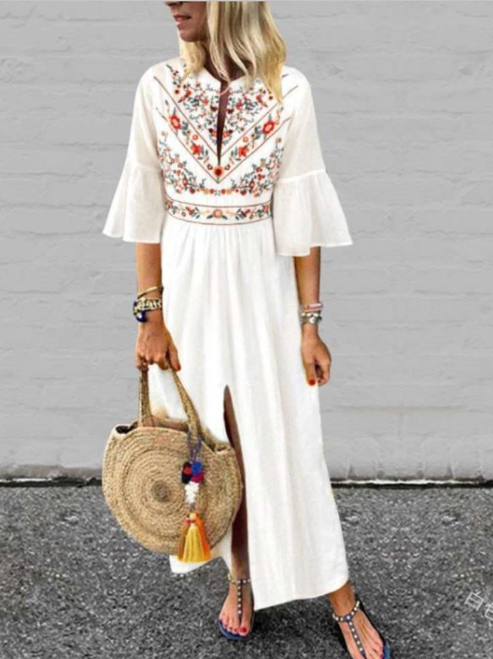 Casual Print Half sleeve Stand collar Maxi Dresses