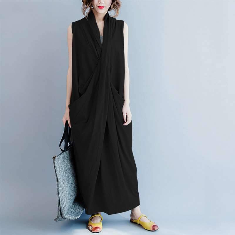 Fashion Loose Cotton Sleeveless V neck Irregular Maxi Dresses