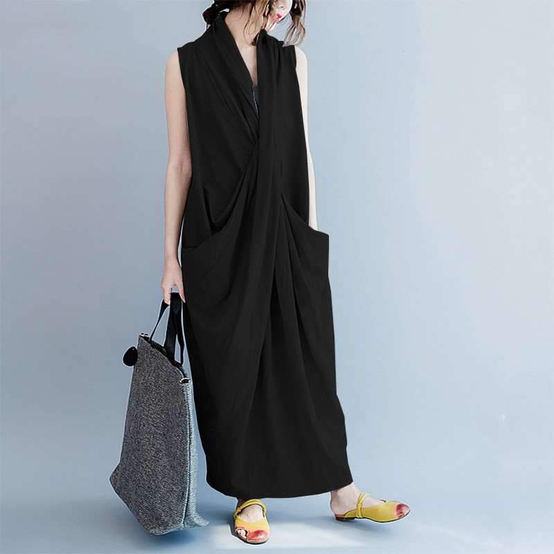 Fashion Loose Cotton Sleeveless V neck Irregular Maxi Dresses