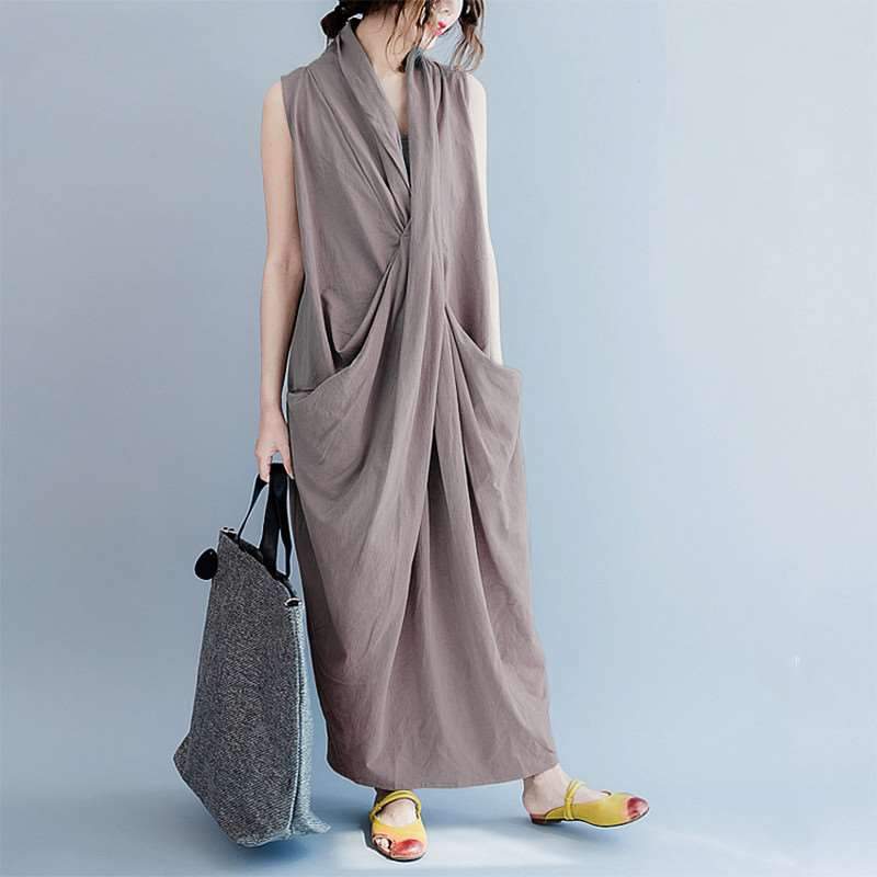 Fashion Loose Cotton Sleeveless V neck Irregular Maxi Dresses