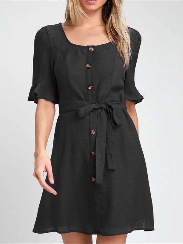 Pure Round neck Single-breasted Lacing Shift Dresses