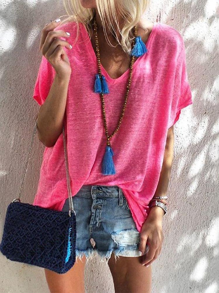 Loose Pure Short sleeve V neck T-Shirts