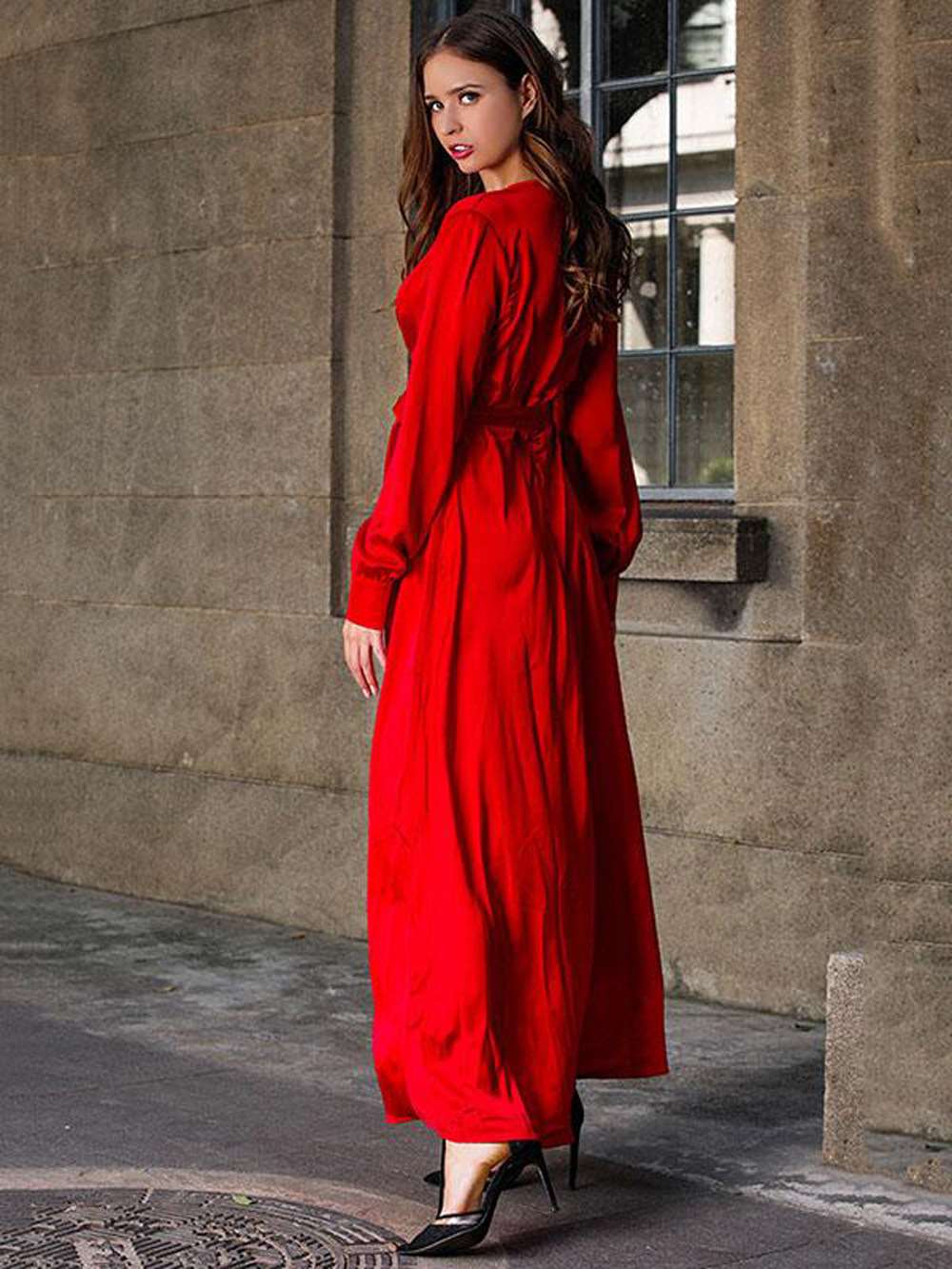 Fashion Elegant Pure V neck Long sleeve Vent Lacing Skater Maxi Dresses