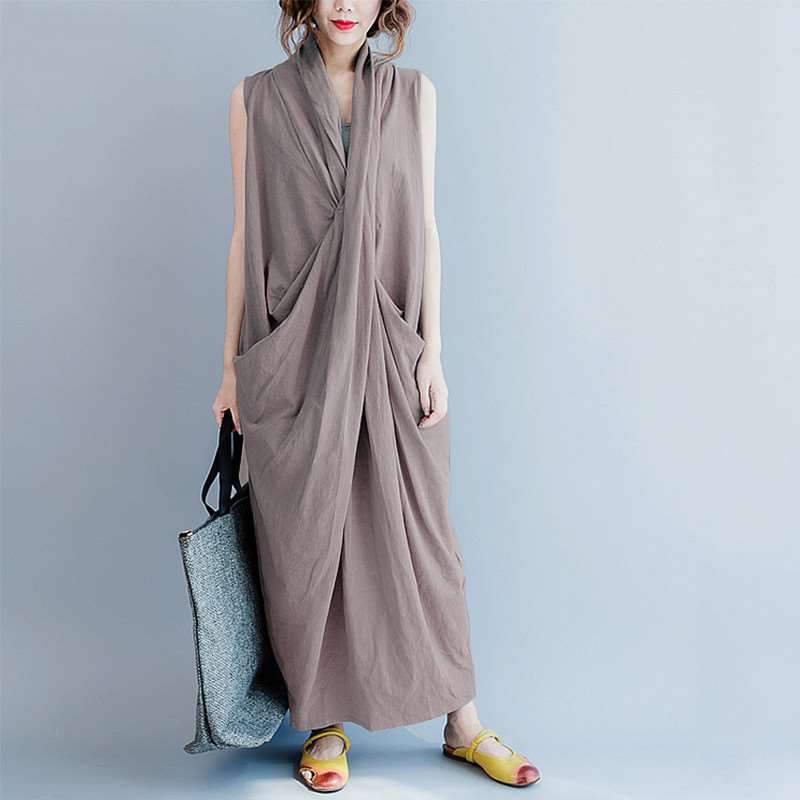 Fashion Loose Cotton Sleeveless V neck Irregular Maxi Dresses