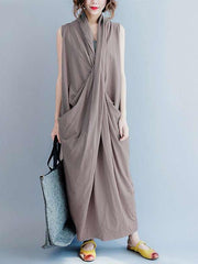 Fashion Loose Cotton Sleeveless V neck Irregular Maxi Dresses