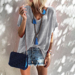 Loose Pure Short sleeve V neck T-Shirts