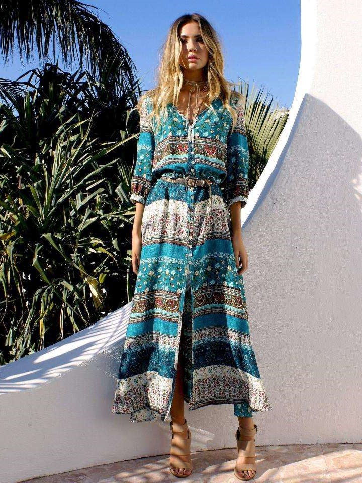 Casual Print V neck Fastener Three quarter sleeve Skater Maxi Dresses