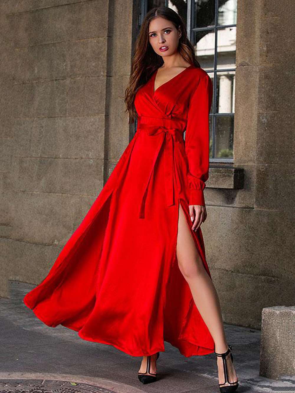 Fashion Elegant Pure V neck Long sleeve Vent Lacing Skater Maxi Dresses