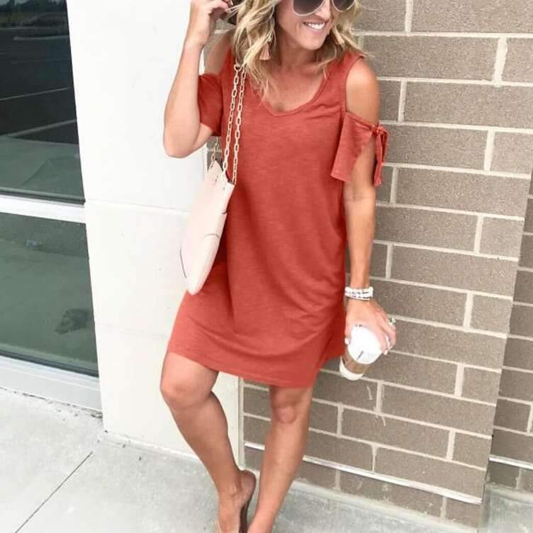 Fashion Off shoulder Short sleeve V neck Shift Dresses