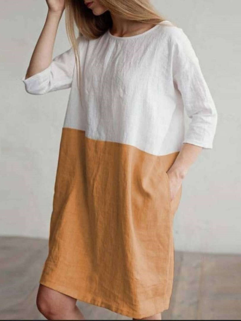 Casual Gored Round neck Three quarter sleeve Shift Dresses