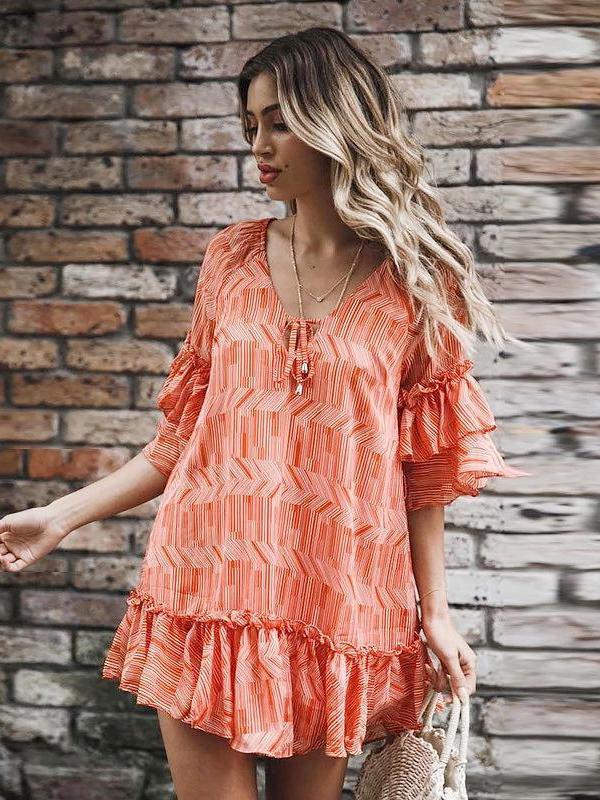 Casual V neck Loose Short sleeve Shift Dresses