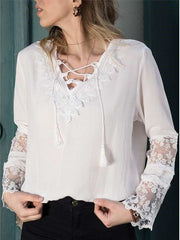 Pure V neck Gored Lace Lacing Long sleeve Blouses