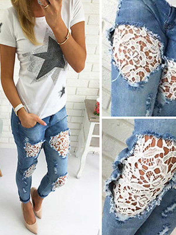 Fashion Lace patchwork ripped jeans long Pants