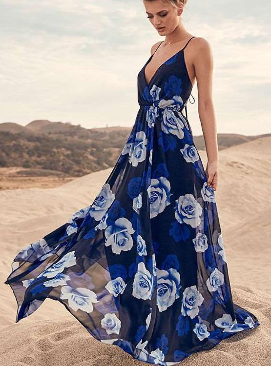 Fashion Print V neck Beach Maxi Dresses