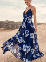 Fashion Print V neck Beach Maxi Dresses