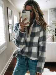 Fashion Plaid Long sleeve High collar Zipper Sweatshirts