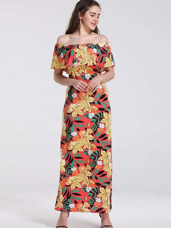 Off shoulder Floral Falbala Maxi Dresses