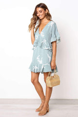 Short sleeve V neck Floral Loose Shift Dresses