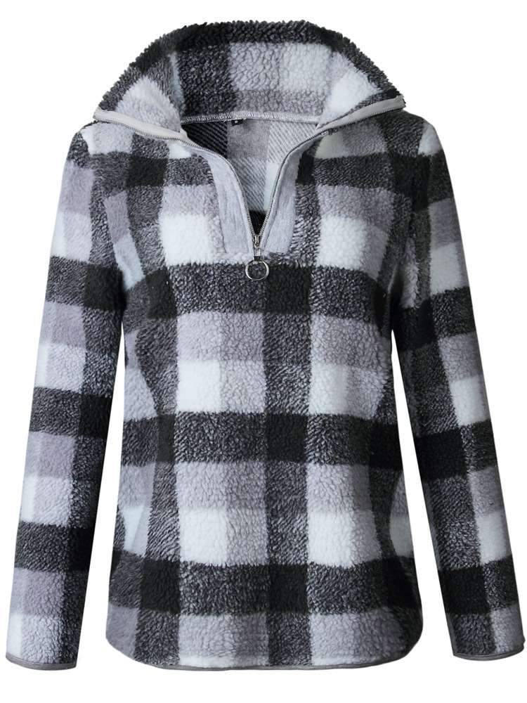 Fashion Plaid Long sleeve High collar Zipper Sweatshirts