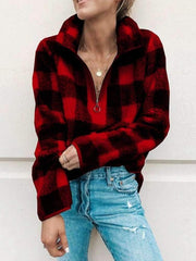 Fashion Plaid Long sleeve High collar Zipper Sweatshirts