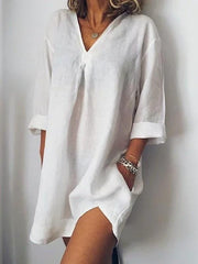 Casual V neck Cotton Shift Dresses