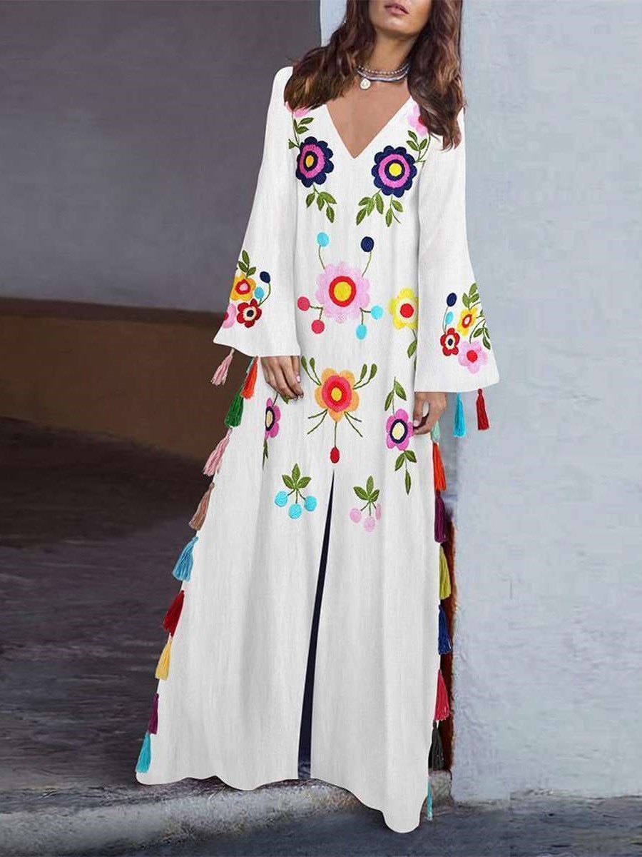 Casual Loose V neck Long sleeve Print Vent Macrame Maxi Dresses