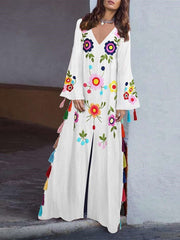 Casual Loose V neck Long sleeve Print Vent Macrame Maxi Dresses