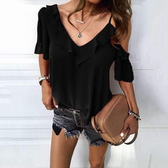 Fashion Pure V neck Short sleeve Off shoulder Falbala T-Shirts