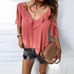 Fashion Pure V neck Short sleeve Off shoulder Falbala T-Shirts