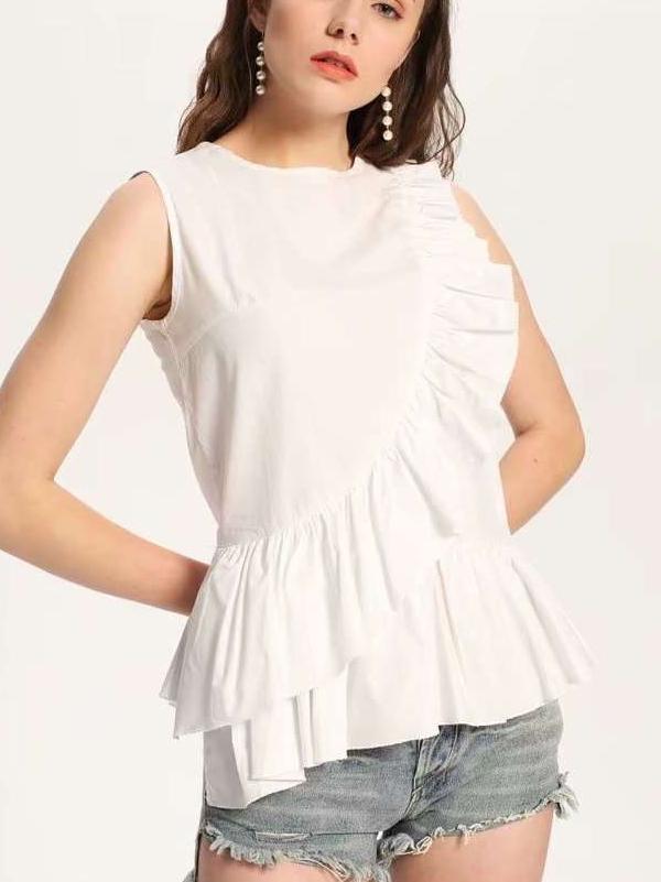 Fashion Falbala Sleeveless Cotton Blouses