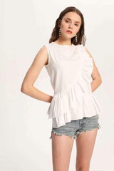 Fashion Falbala Sleeveless Cotton Blouses